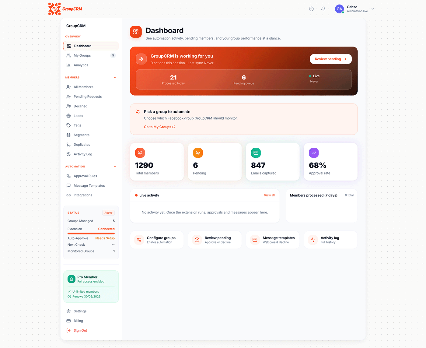 GroupCRM Facebook group CRM dashboard showing leads, lead scores, and auto-approval rules